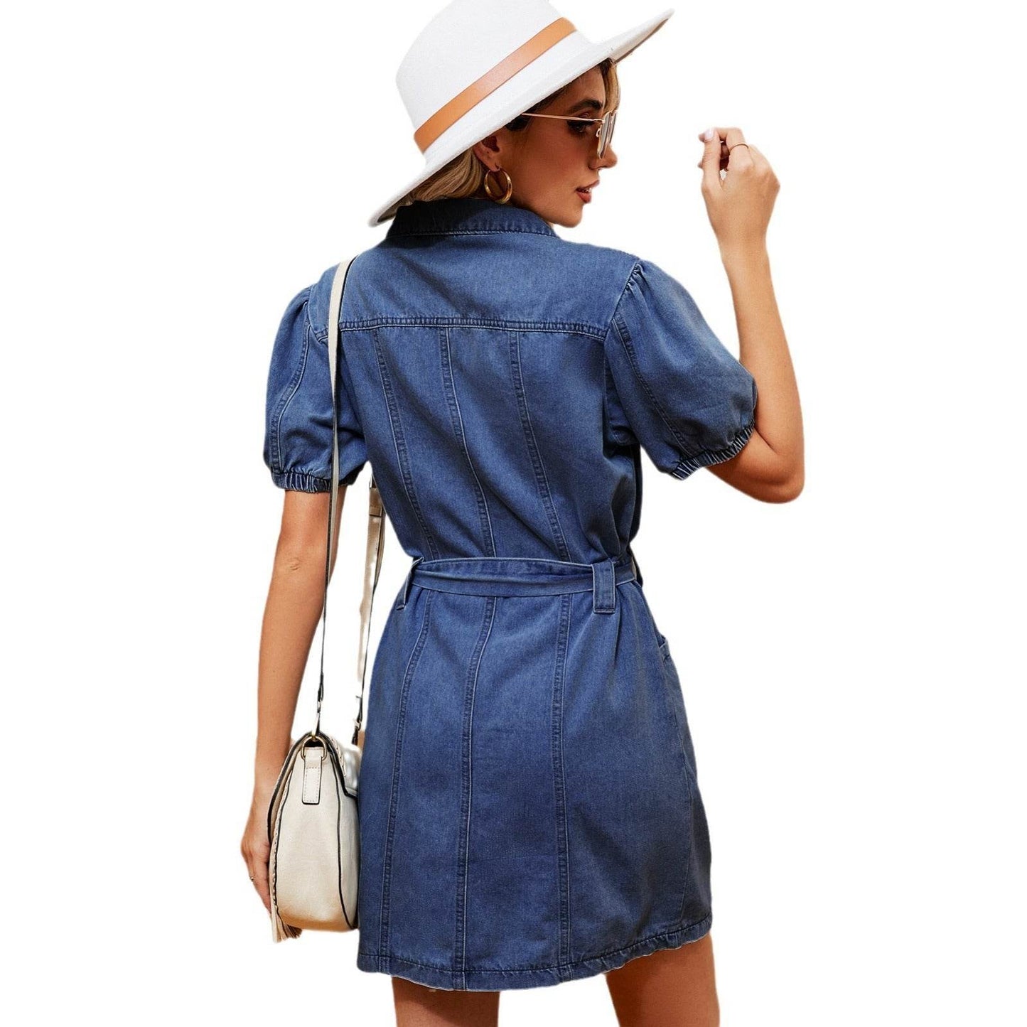 Women's Washed Belt button down Denim jeans mini short sleeve Dress - www.Shopthatapp.com