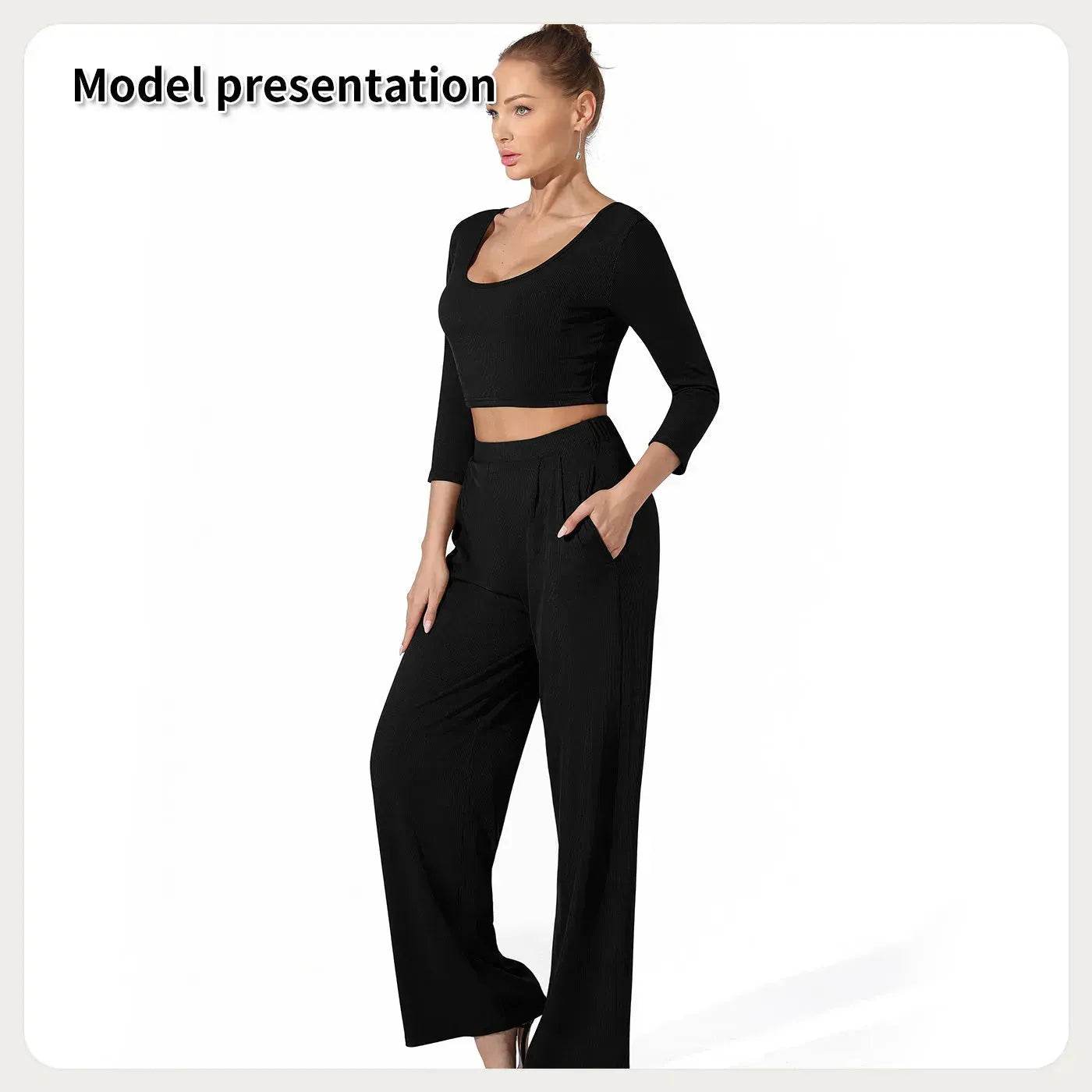 Women Fashion Casual Matching 2pcs set Long Sleeve Crop top and Pant set - www.Shopthatapp.com