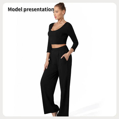 Women Fashion Casual Matching 2pcs set Long Sleeve Crop top and Pant set - www.Shopthatapp.com