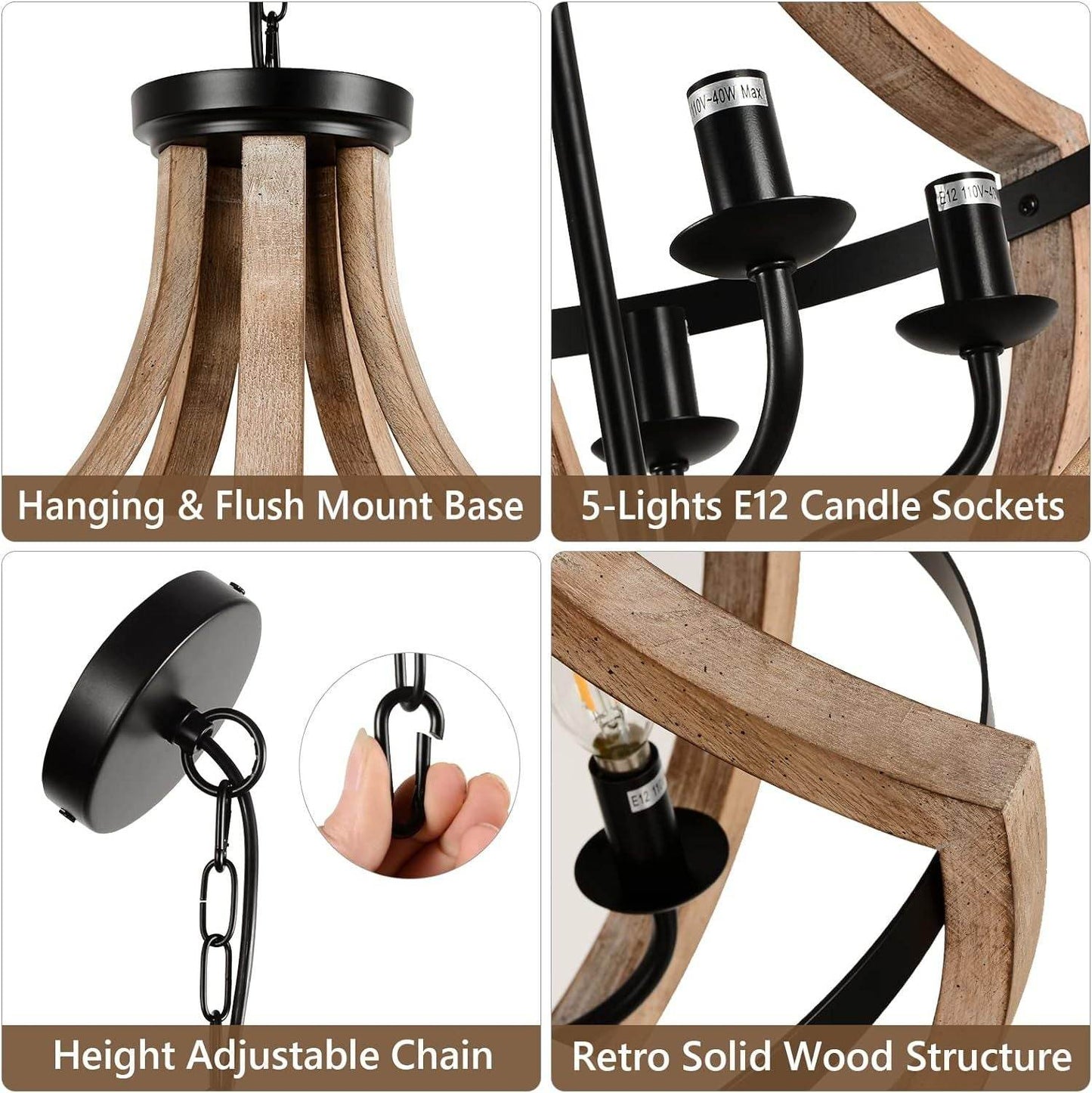 Solid Wood Modern Chandelier For Dining Room, Living Room, Kitchen, Island, Bedroom, Foyer, Height Adjustable, Brown - www.Shopthatapp.com