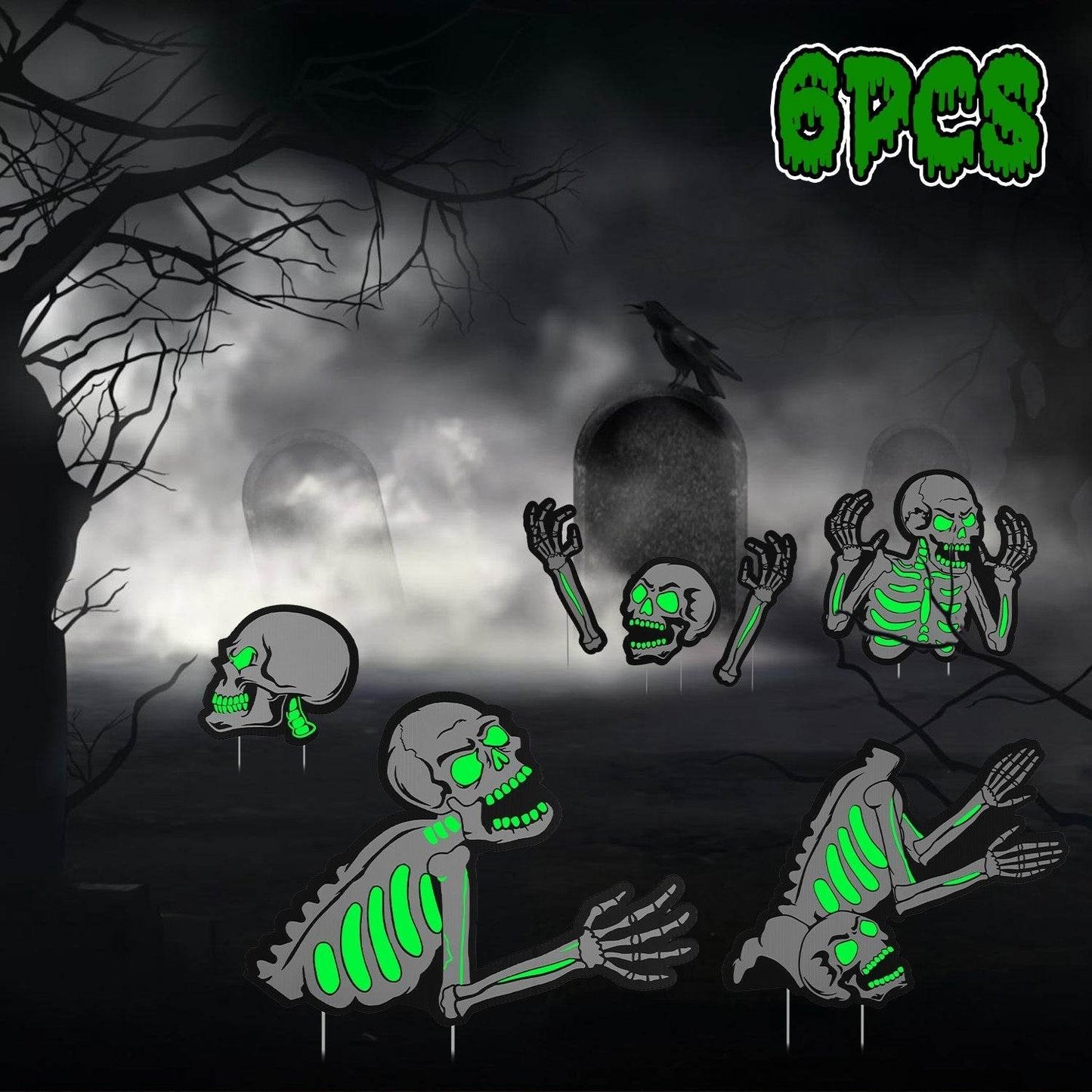 6Pcs Skull Or 6Pcs Tomb Or 5Pcs Black Cat Halloween Yard Sign Decorations  Glow In The Dark For Haunted House Garden Yard And Scary Theme Party - www.Shopthatapp.com