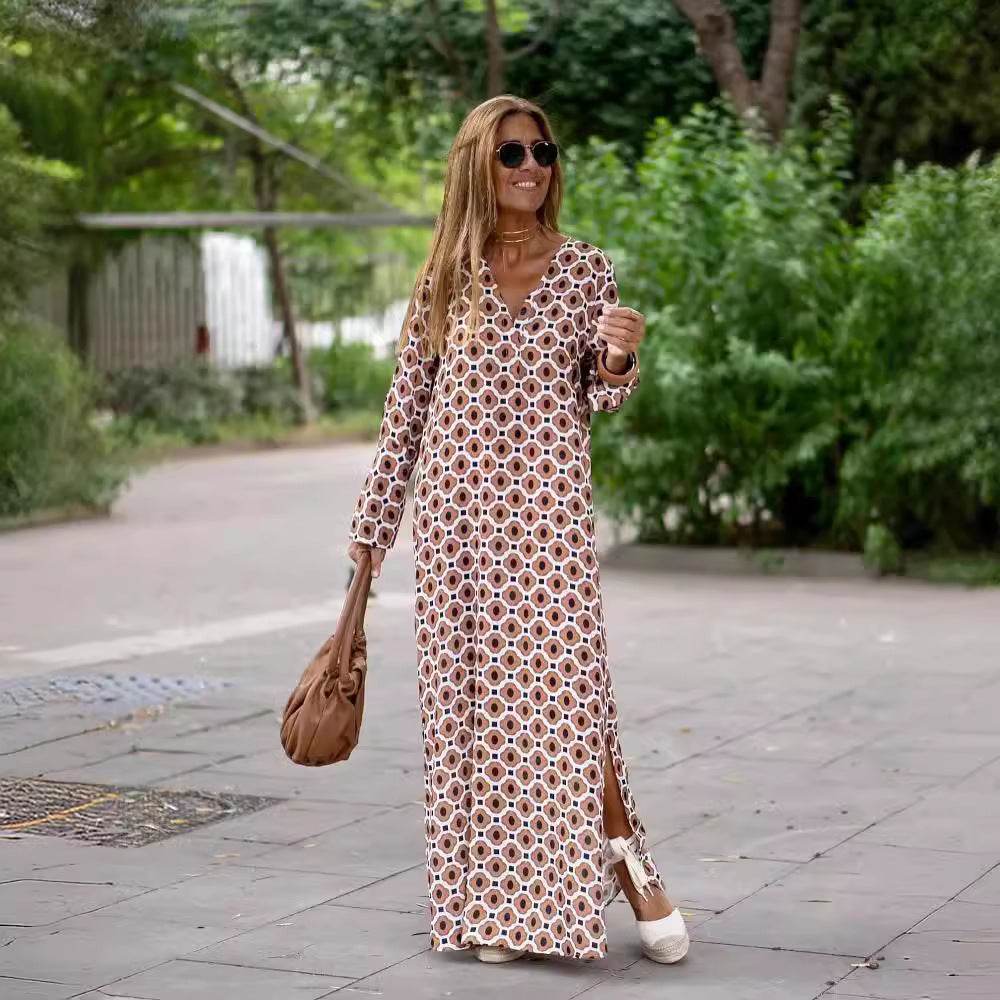 Summer Geometric Printed V-neck Long Dress Fashion Long Sleeve Slit Dresses For Women - www.Shopthatapp.com