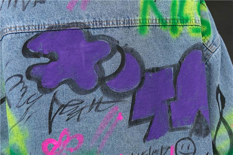 Oversized Graffiti Print Denim Jacket Women Loose Fried Street fashion - www.Shopthatapp.com