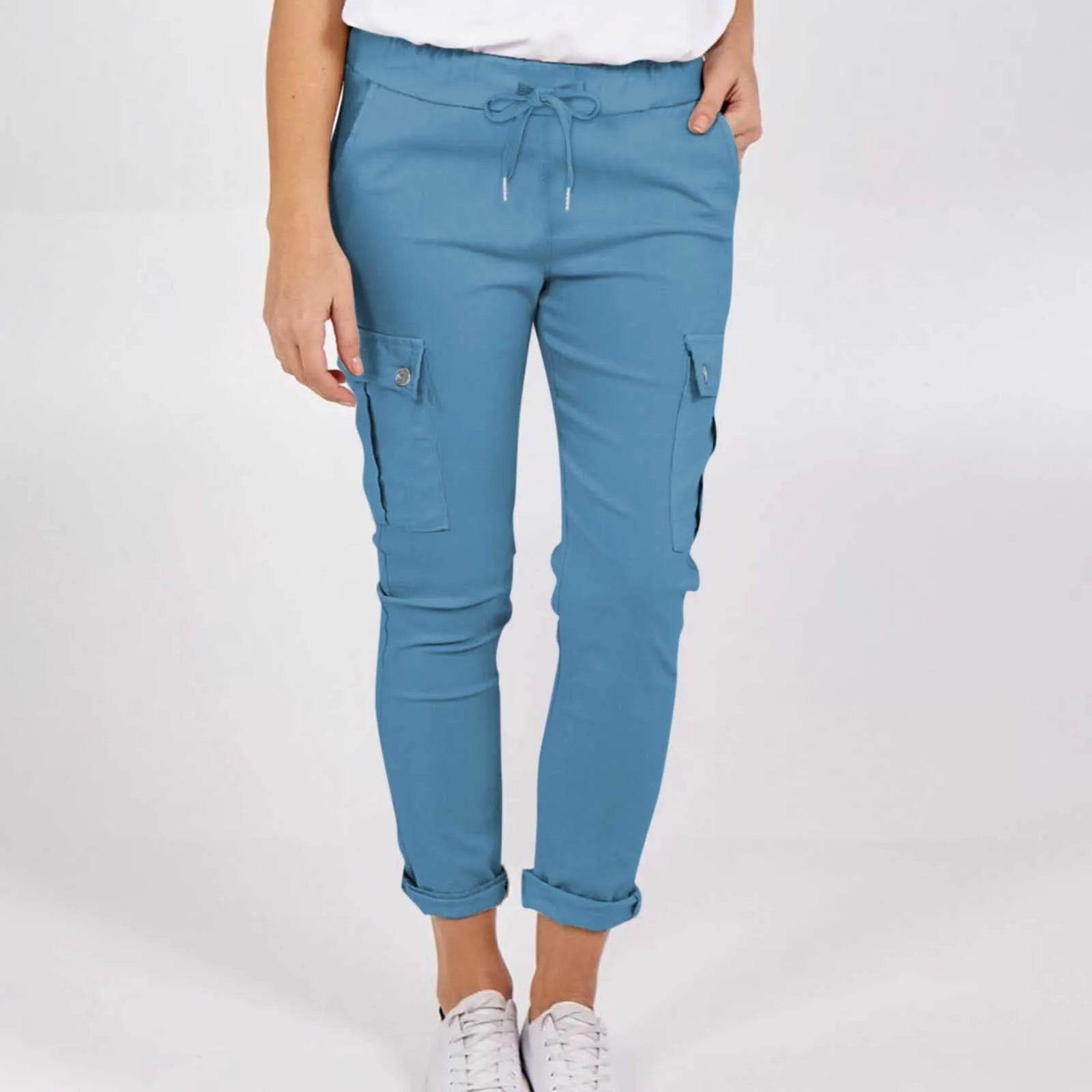 Casual Cargo Pants With Pockets Solid Color Drawstring Waist Pencil Trousers For Women - www.Shopthatapp.com