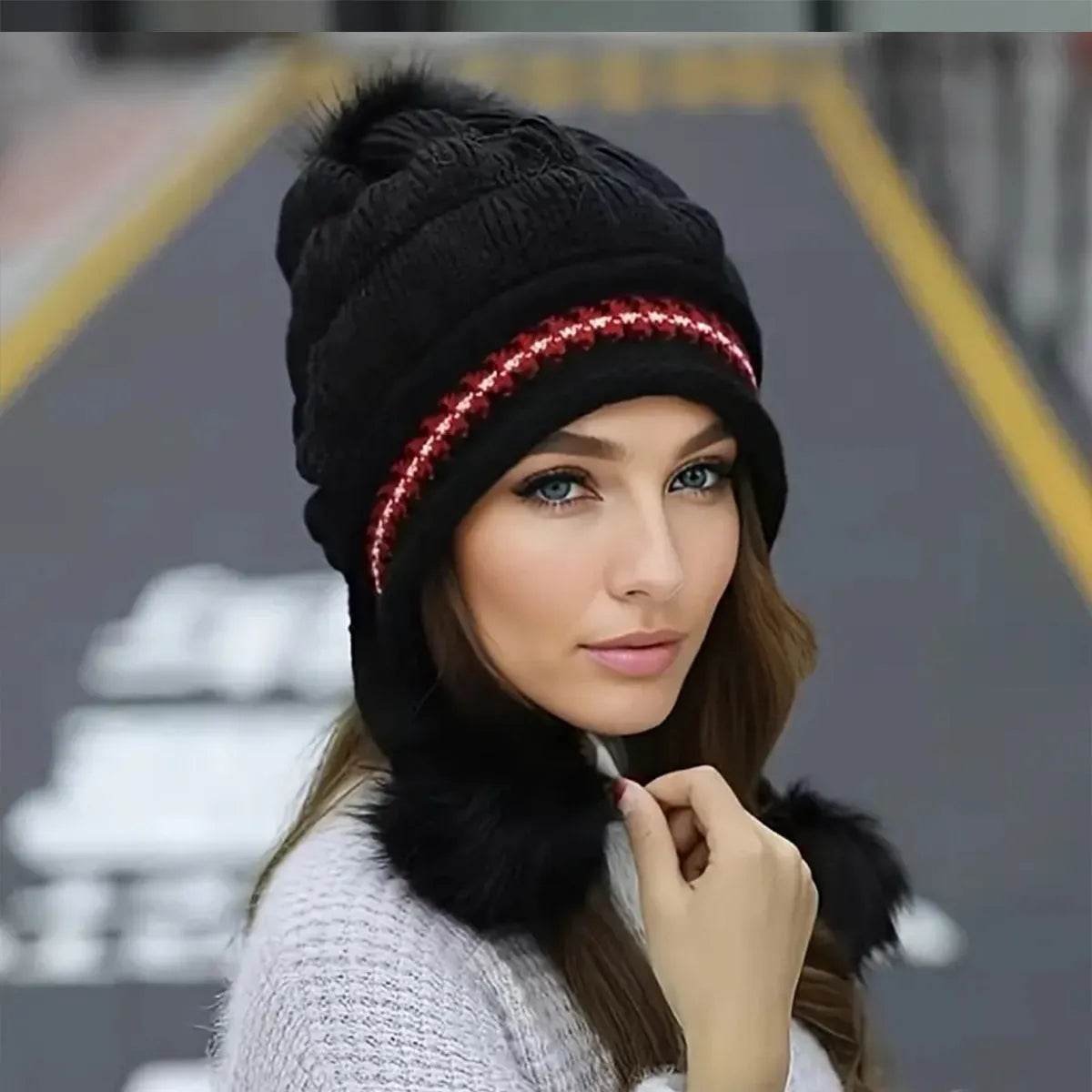 Women Cozy Knit Fleece-Feel Beanie With Ear Flaps Winter Hat Perfect For Skiing & Outdoor Activities - www.Shopthatapp.com