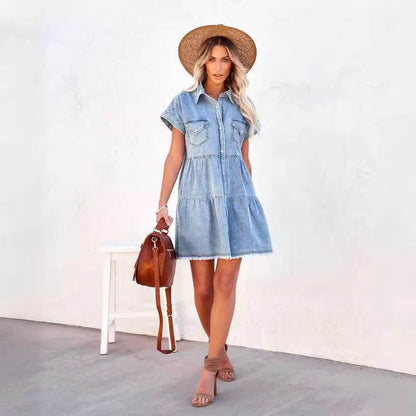 Casual Fashion Denim Short Sleeve loose mini Dress - www.Shopthatapp.com