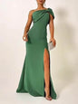 Bow tie One shoulder Green Evening Dress Slit Formal dress