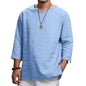 Loose Casual V-neck Top Cotton And Linen Long Sleeve Pullover Shirt Men's Shirt Top - www.Shopthatapp.com