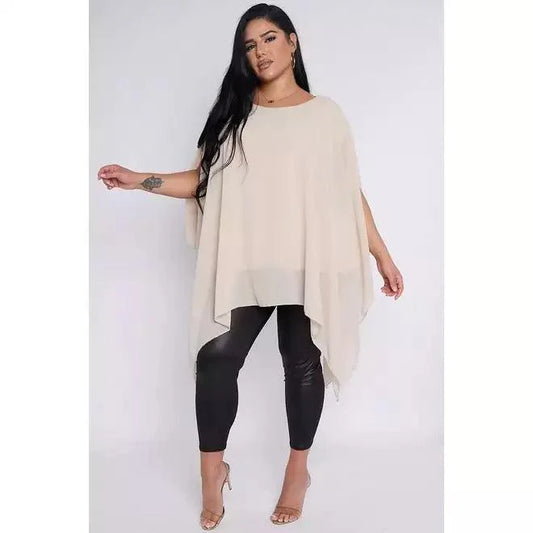 Dahlia PLUS SIZE Beige Sheer Cape Style Batwing Top - www.Shopthatapp.com