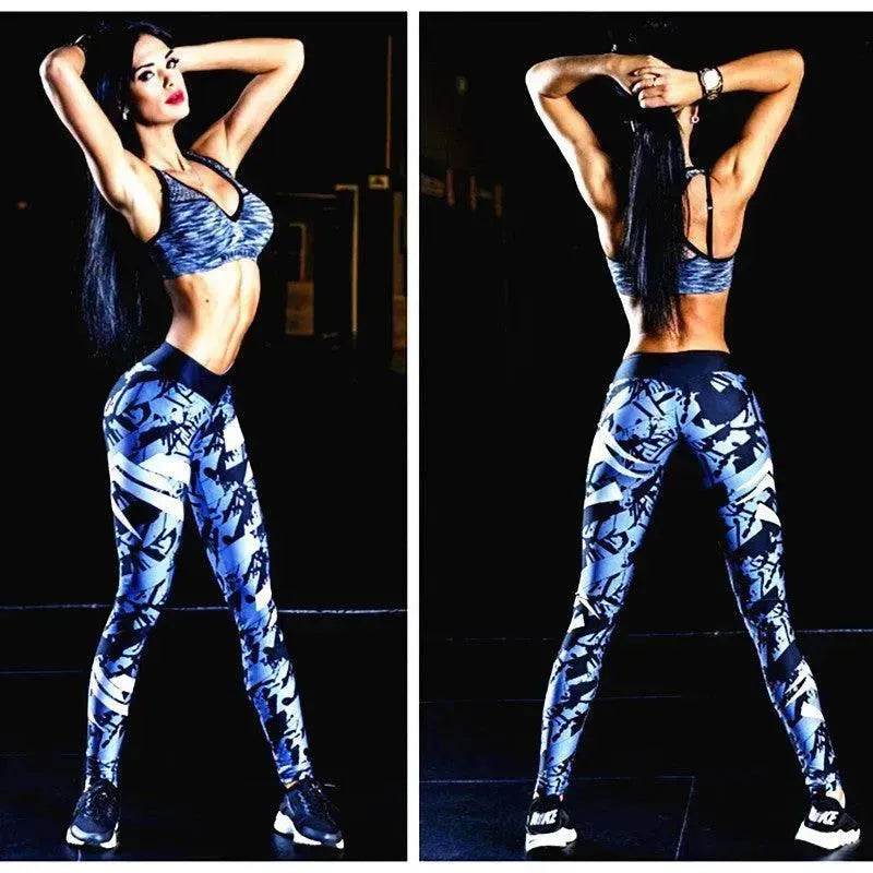 Dark Blue Printed Tight Gym Leggings - www.Shopthatapp.com