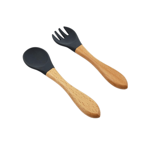 Dark Grey Silicone Baby Spoon and Fork Set - www.Shopthatapp.com
