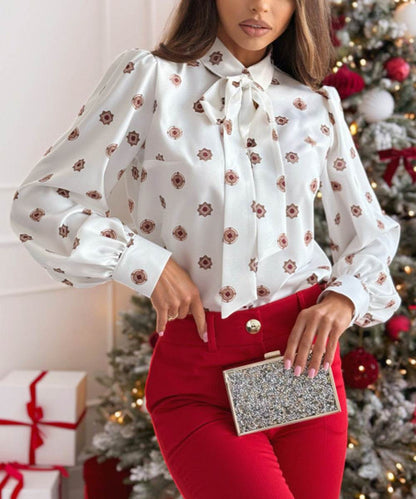 Printed Long Sleeve Bowknot Lining Business Office Formal Work shirt For Women - www.Shopthatapp.com