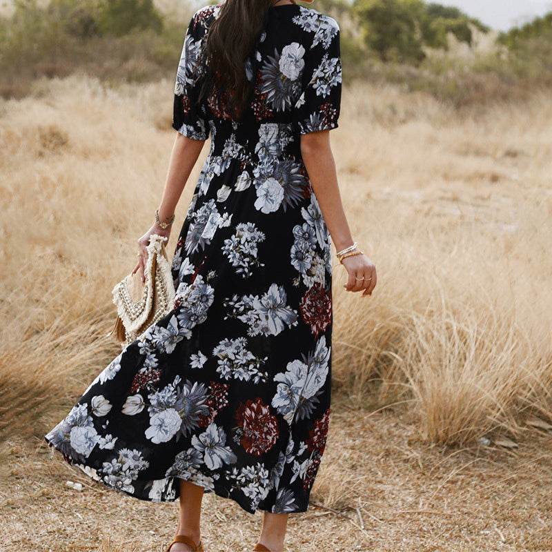 Floral Summer Beach Dress With V Neck Elastic Waist Dresses For Women - www.Shopthatapp.com