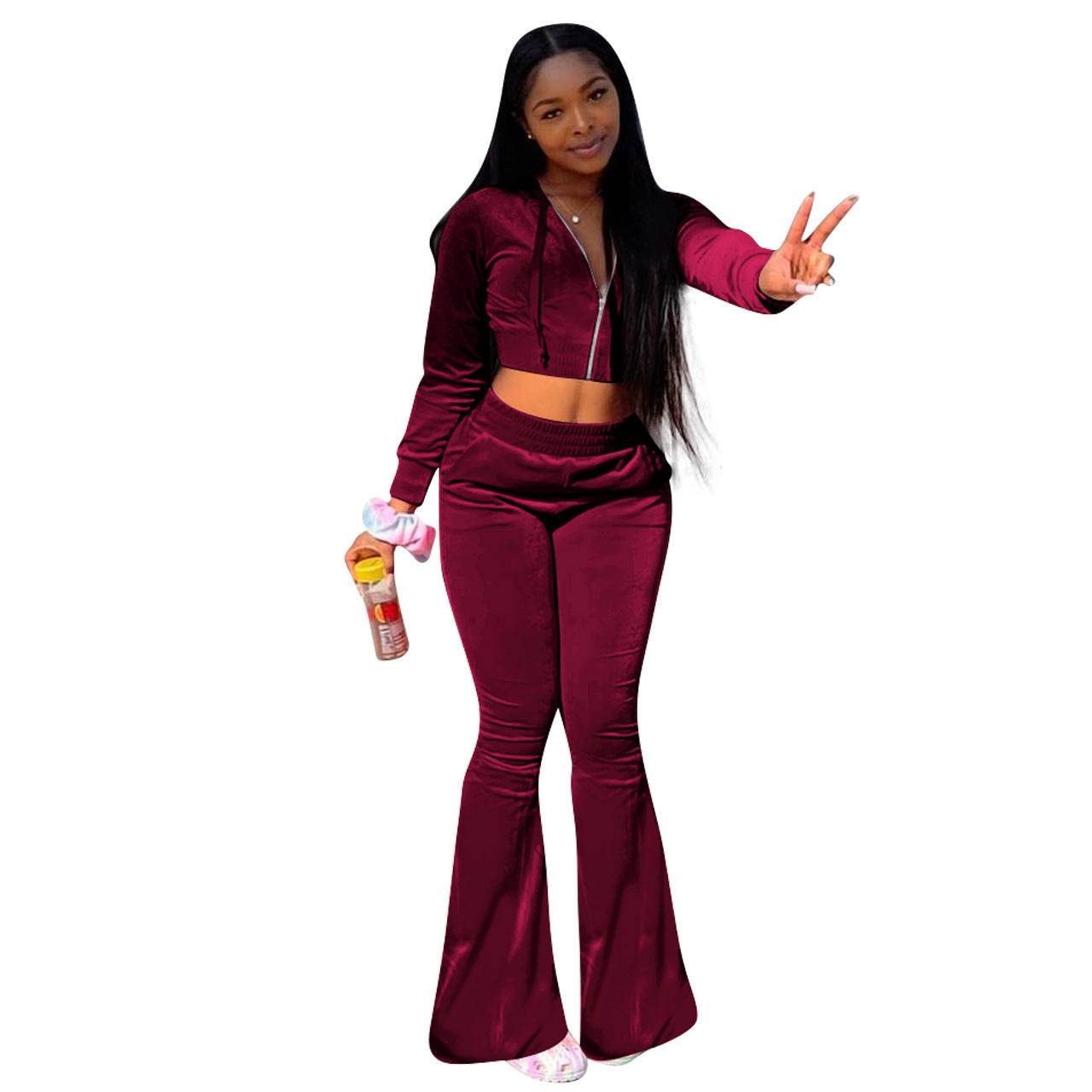 Women 2pcs Velvet Hoodie Wide leg Pant Crop top sweatsuit Athleisure Outfit - www.Shopthatapp.com