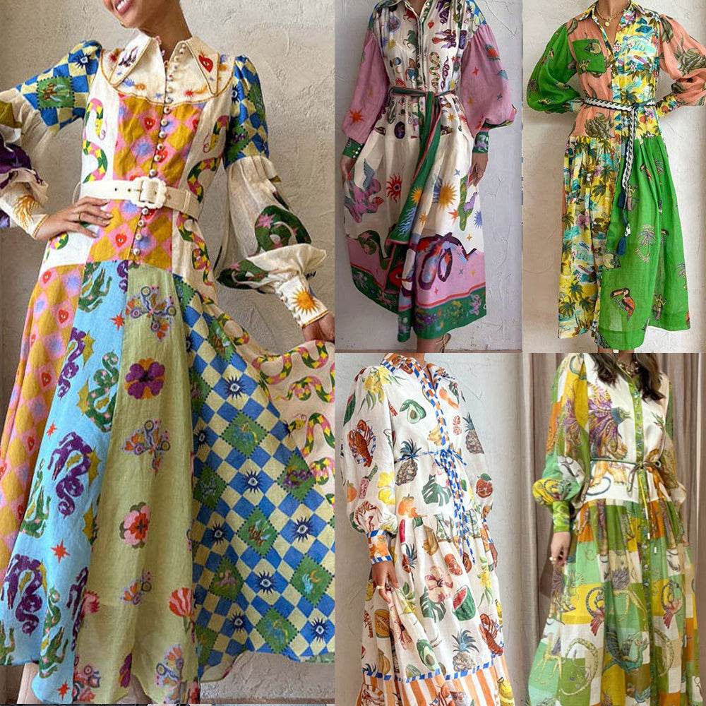 Print Holiday Women Beach Dress With Belts A-Line Long Lantern Sleeve Single Breasted Lapel Seaside Dresses Robe - www.Shopthatapp.com