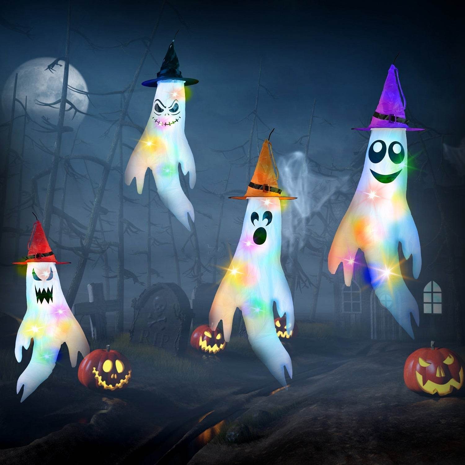 4Pcs Per Set Halloween Ghosts With Witch Hats Windsocks Hanging Decoration With Colorful LED Light Outdoor Flag Wind Socks Halloween Party Decoration For Yard Garden Tree - www.Shopthatapp.com
