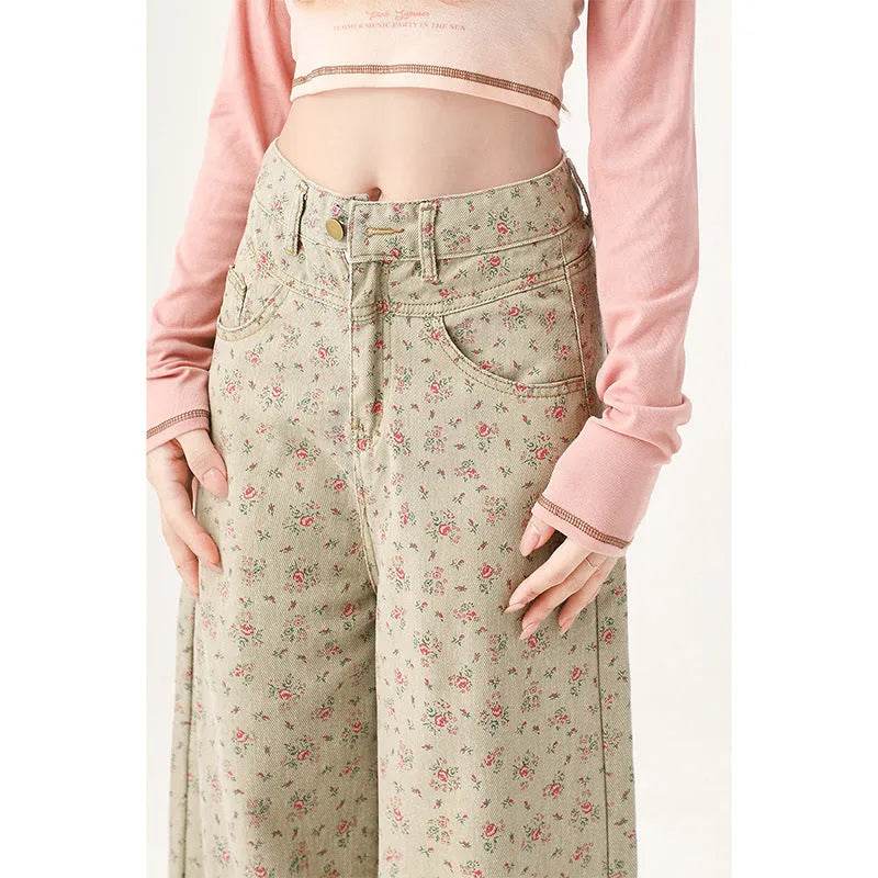 Mint Mambo Green Floral Baggy Jeans Pant For Women - www.Shopthatapp.com