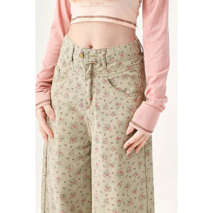 Mint Mambo Green Floral Baggy Jeans Pant For Women - www.Shopthatapp.com
