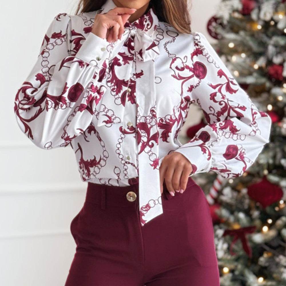Printed Long Sleeve Bowknot Lining Business Office Formal Work shirt For Women - www.Shopthatapp.com