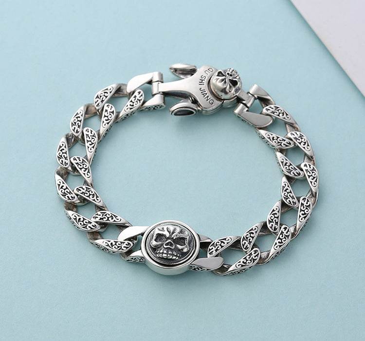 Sterling Silver Ornament Men's Trendy Rotating Skull Retro Fashion Tang Grass Pattern Bracelet - www.Shopthatapp.com