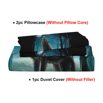 Moon Wolf Bedding Green Watercolor Forest Wolf Landscape Duvet Cover Sets 3 Pieces Wild Animal Bedding Set Twin Full Queen King Size - www.Shopthatapp.com