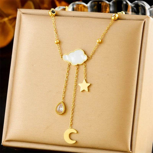 White Shell Cloud Star Moon Long Fringe Water Drop Fashion Necklace - www.Shopthatapp.com