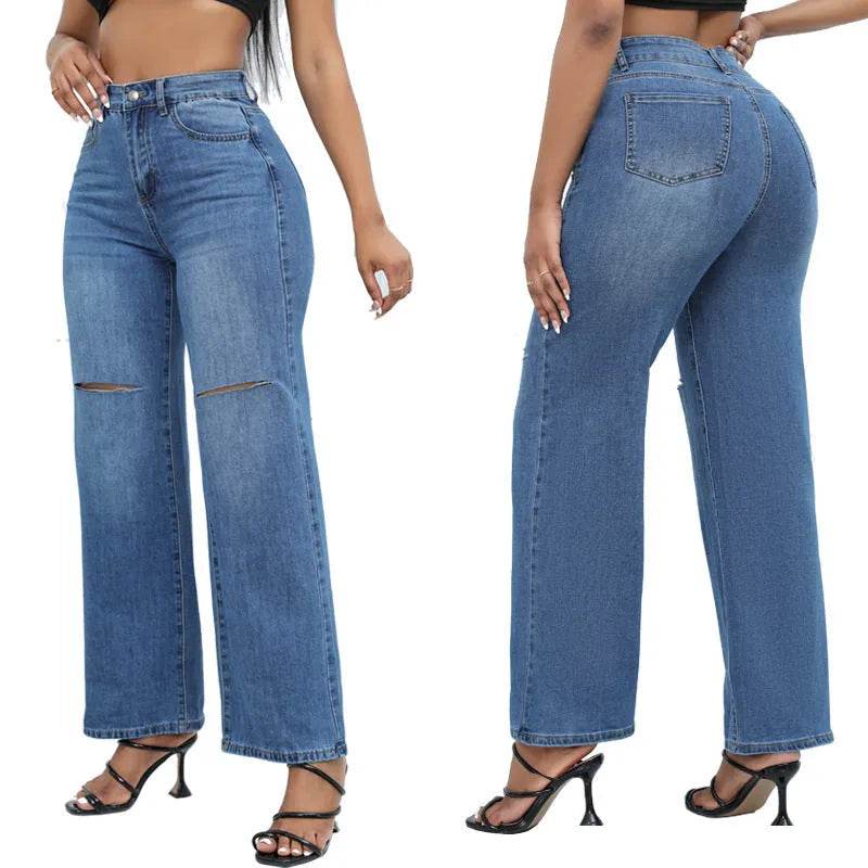Elegant Ripped Wide-leg Baggy Jeans Pant Women - www.Shopthatapp.com