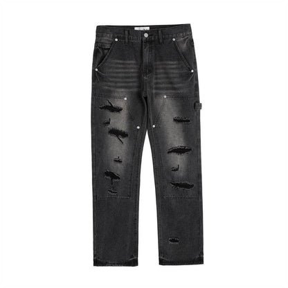 Punk Beggar Ripped Denim Straight-leg Trousers Men Jeans - www.Shopthatapp.com