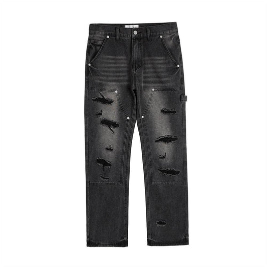 Punk Beggar Ripped Denim Straight-leg Trousers Men Jeans - www.Shopthatapp.com