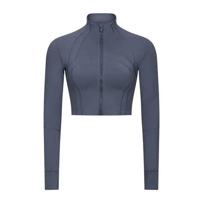 Autumn And Winter New Elastic Slim-fit High neck Zip Up Yoga crop top - www.Shopthatapp.com