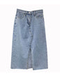 Casual Front Slit Dark Blue and Light Blue Denim Midi Skirt for women - www.Shopthatapp.com