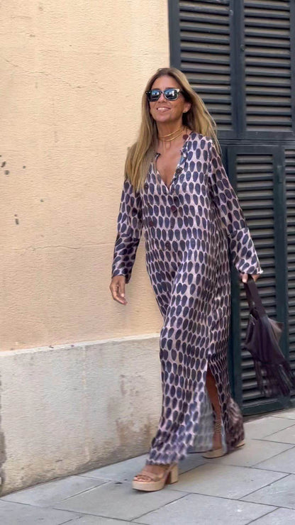 Summer Geometric Printed V-neck Long Dress Fashion Long Sleeve Slit Dresses For Women - www.Shopthatapp.com
