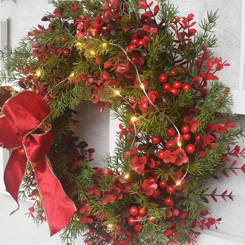 Artifical Cherry Pattern Wreaths Christmas Wreath Red Door Wreath Wall Hanging Garland Ornaments Rattan Circle Wall Decoration - www.Shopthatapp.com