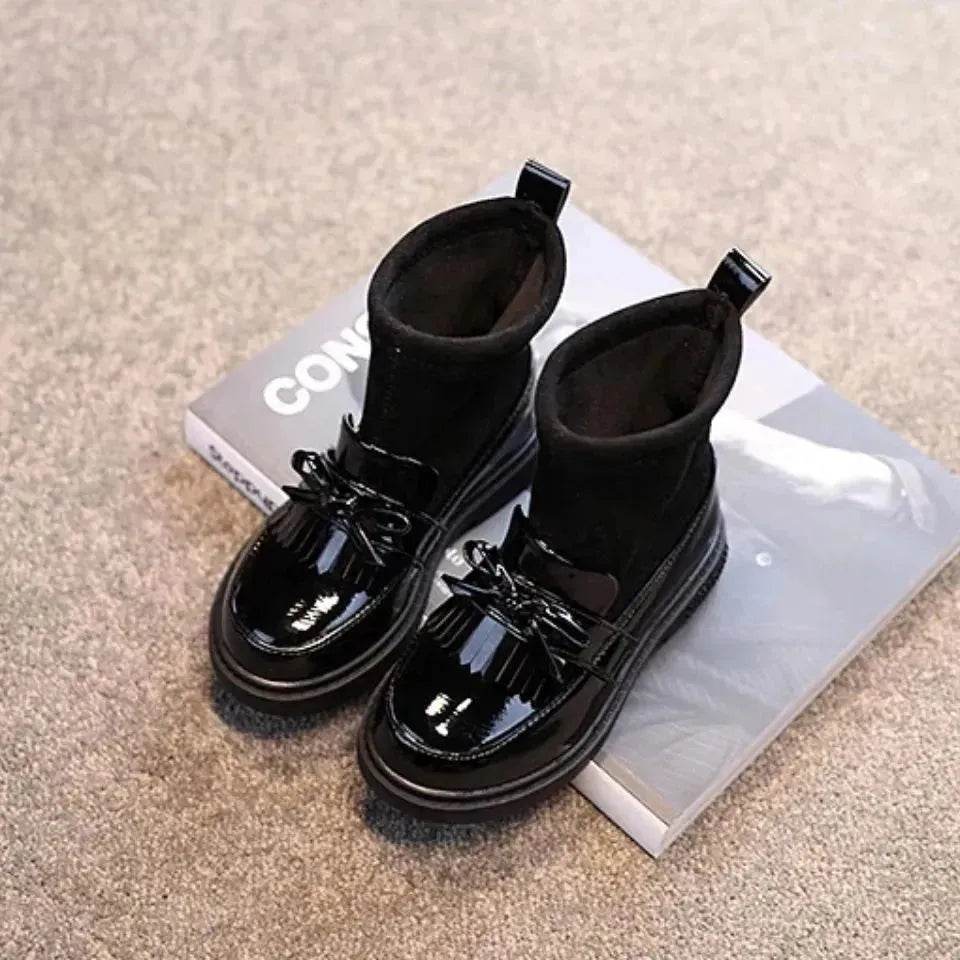 Black Patent leather boots for girls Woolen Winter boot for girls - www.Shopthatapp.com