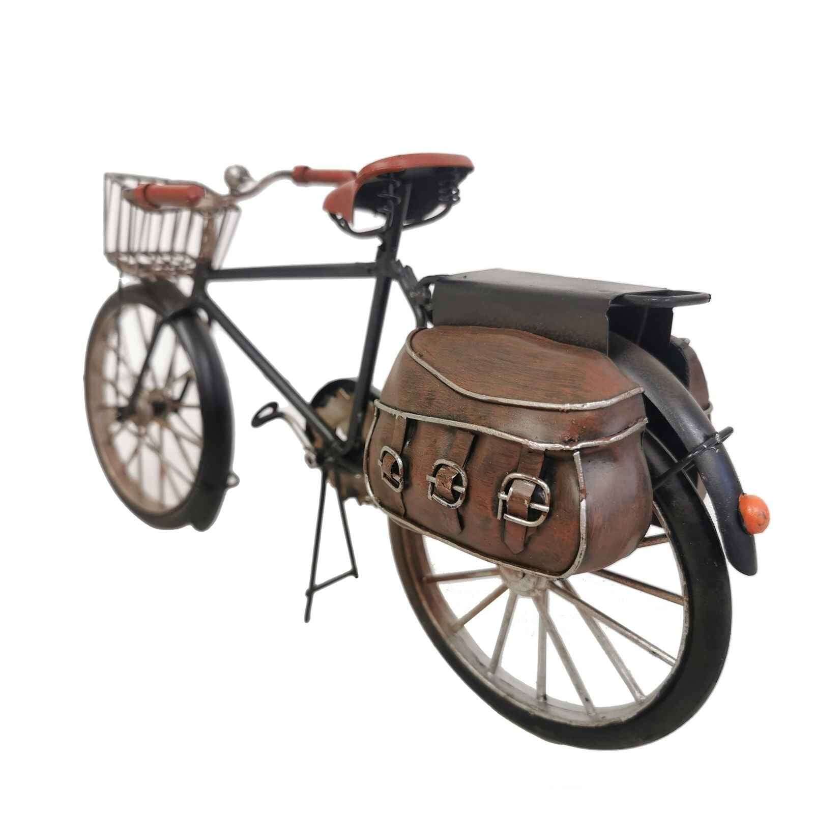 Decorative metal bicycle model with vintage styling and leather saddle bags for home decor