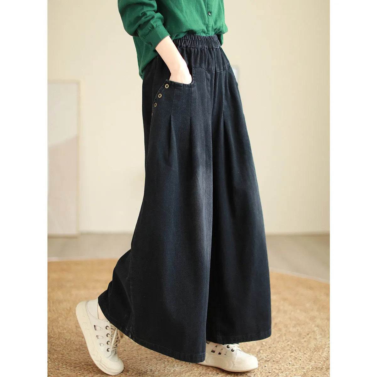 Wide-leg Baggy Jeans Pant Elastic Waist Washed Wear-white Loose Slimming And All-matching Trousers For Women - www.Shopthatapp.com
