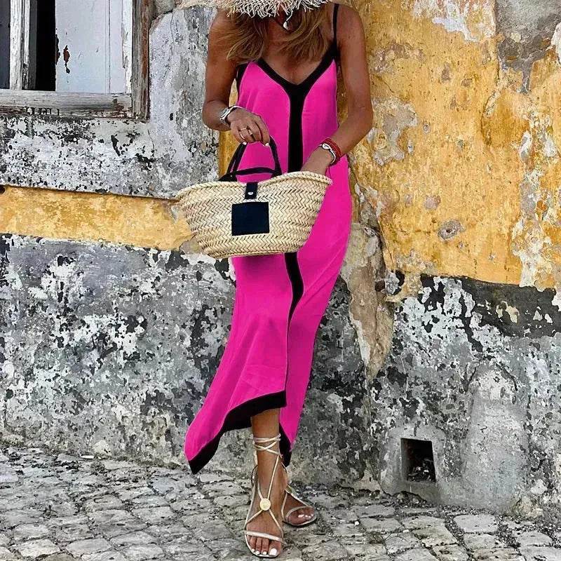 Women's Fashionable Casual Solid Color Spaghetti Straps Sleeveless V-neck Midi Dress - www.Shopthatapp.com