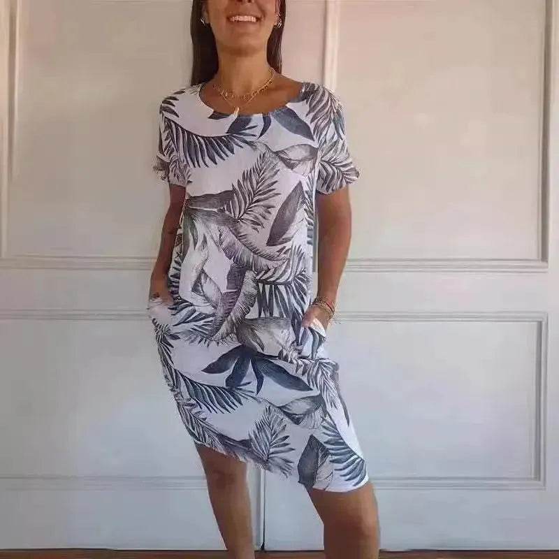 Casual Floral Printed Straight Dress Summer Loose Round Neck Short Sleeve Midi Dresses Womens Clothing - www.Shopthatapp.com