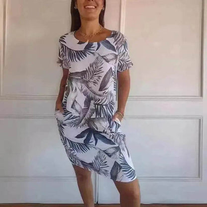 Casual Floral Printed Straight Dress Summer Loose Round Neck Short Sleeve Midi Dresses Womens Clothing - www.Shopthatapp.com