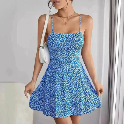 Women Fashion Printed Casual Spaghetti Strap Backless Mini Skater Dress - www.Shopthatapp.com