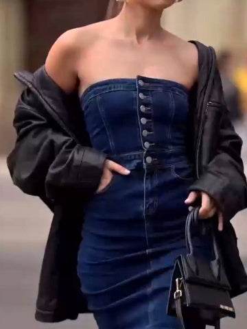 Strapless Button Denim Dress Tube top Long Jeans Dress - www.Shopthatapp.com