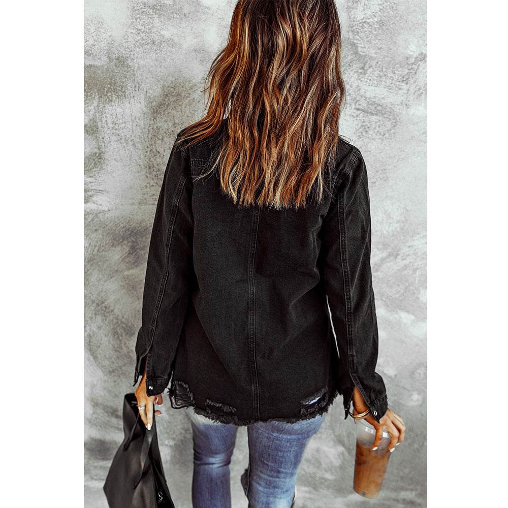 Long Sleeve Jeans Jacket Loose Fit Mid-Length Black - www.Shopthatapp.com