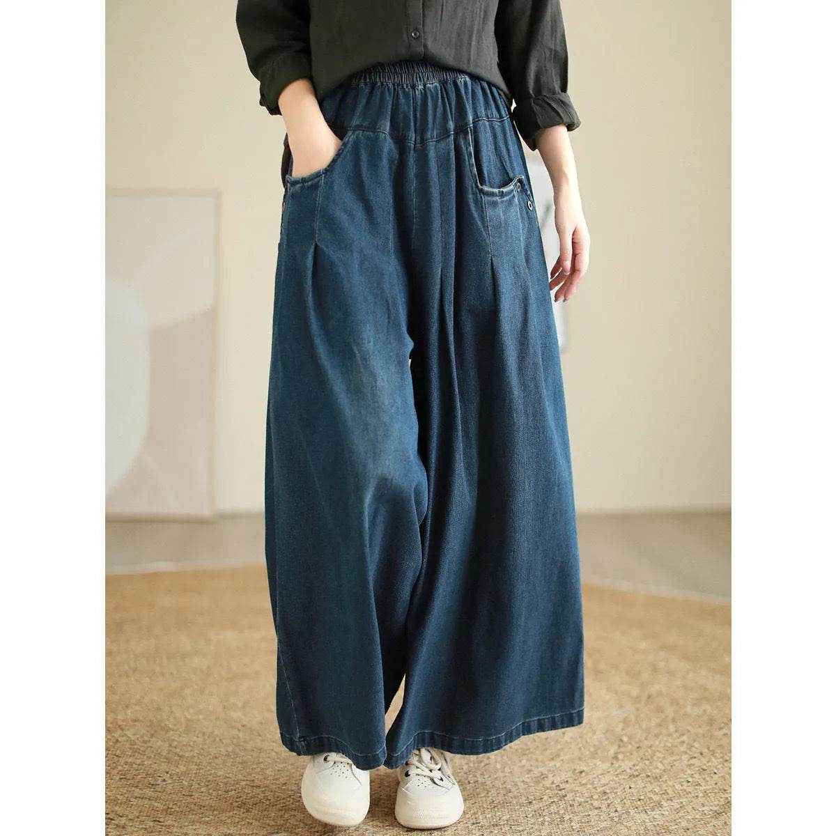 Wide-leg Baggy Jeans Pant Elastic Waist Washed Wear-white Loose Slimming And All-matching Trousers For Women - www.Shopthatapp.com