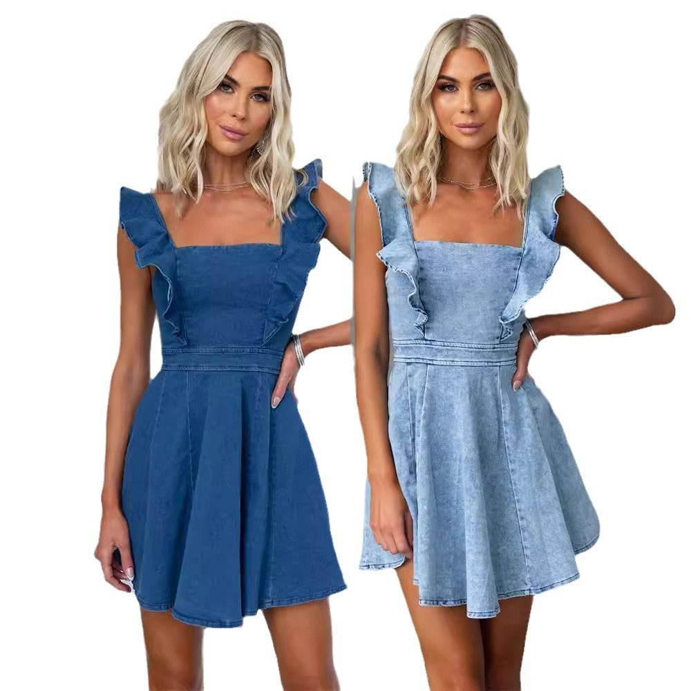 Women's Fashion Casual Denim Mini flared Dress - www.Shopthatapp.com