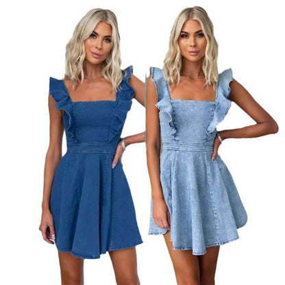 Women's Fashion Casual Denim Mini flared Dress - www.Shopthatapp.com