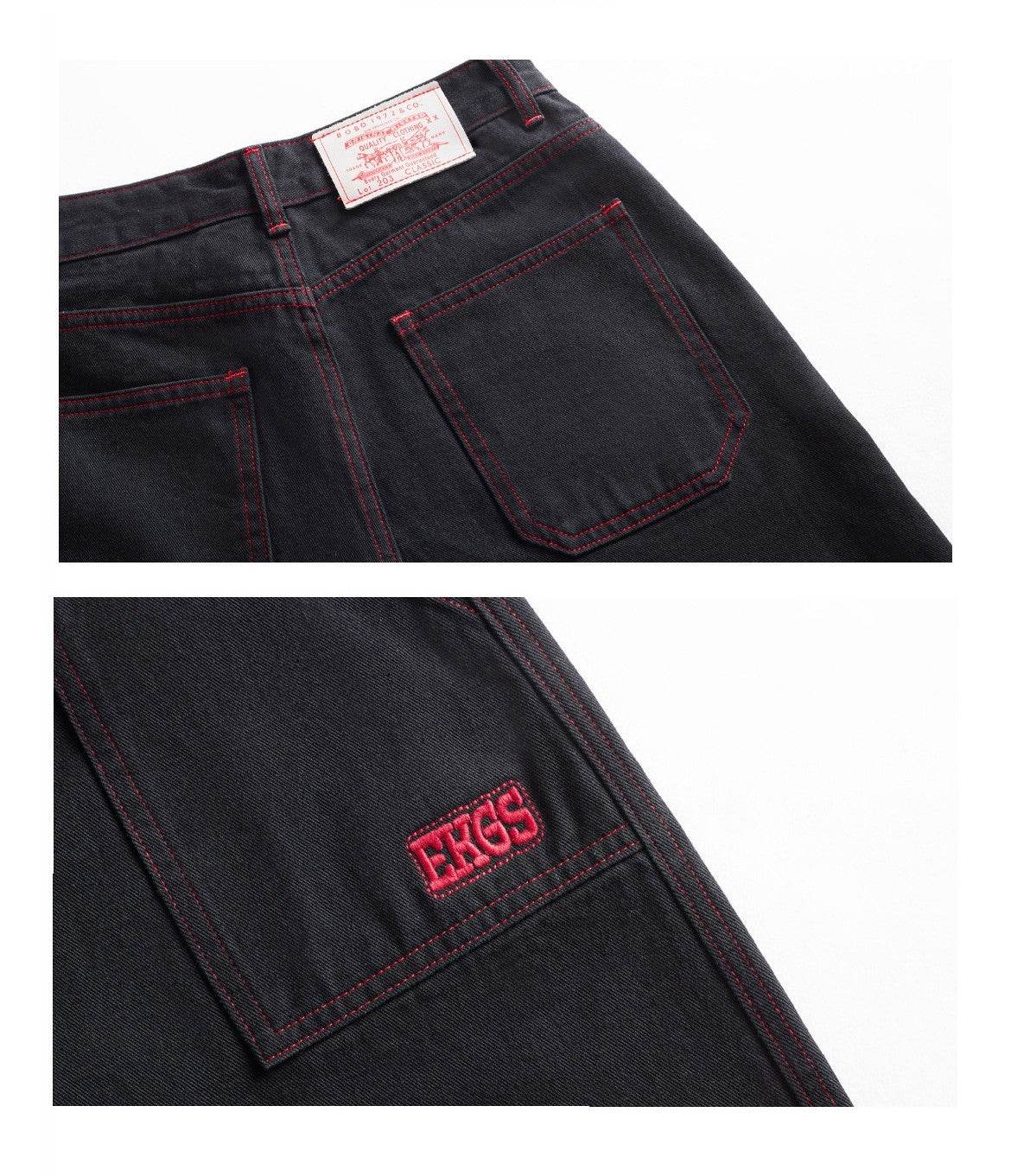 Contrasting Color Of Black And Red Workwear With Pocket Trousers - www.Shopthatapp.com