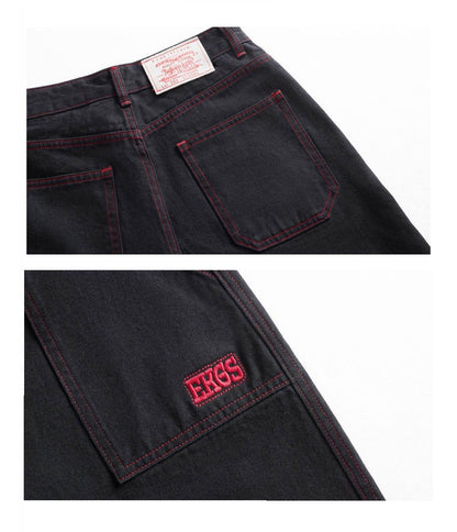 Contrasting Color Of Black And Red Workwear With Pocket Trousers - www.Shopthatapp.com