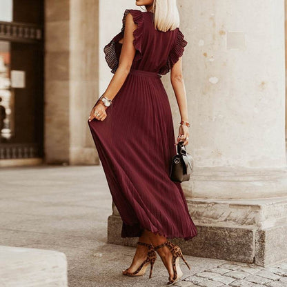 Maxi Dresses For Women - Elegant V Neck Ruffled Sleeves Empire Waist Pleated Flowy Dress - www.Shopthatapp.com