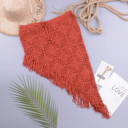 European And American Women's See Through Hollow Knitted tassel fringe Slant Beach Skirt - www.Shopthatapp.com