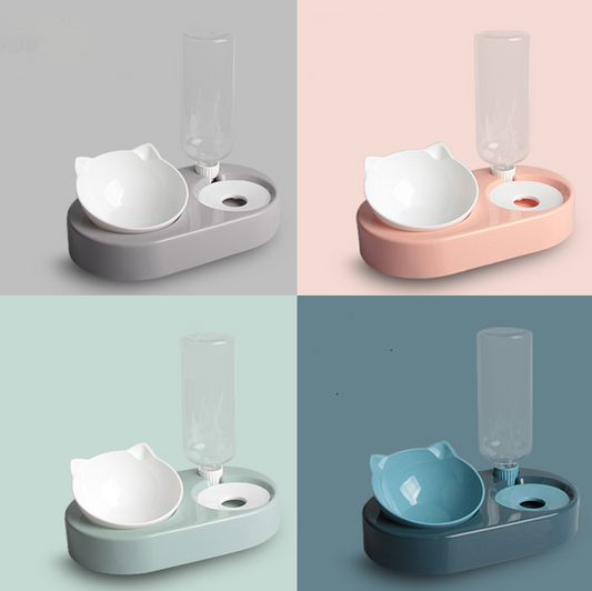 Dog and cat food bowl set with removable water bottle in multiple color options